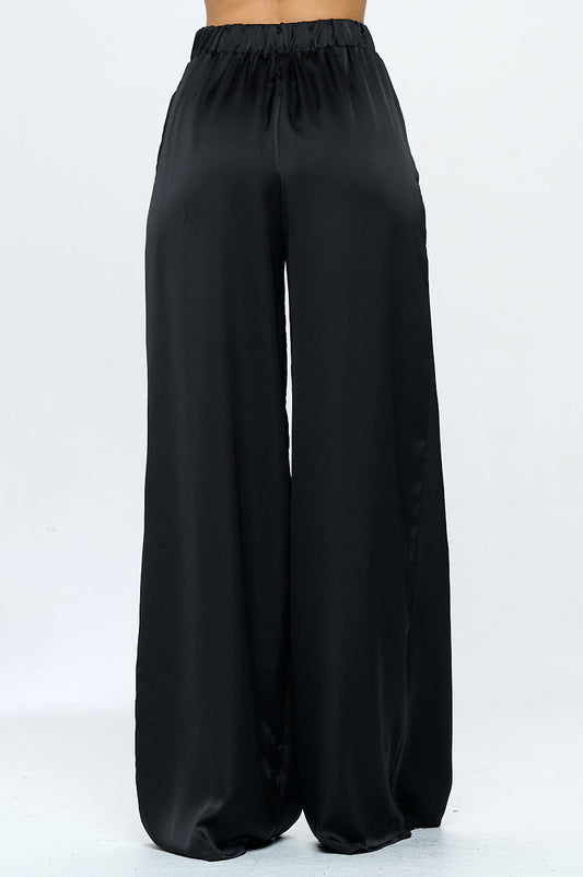 Stretch Satin Pants w/ Elastic Waist and Pockets-1