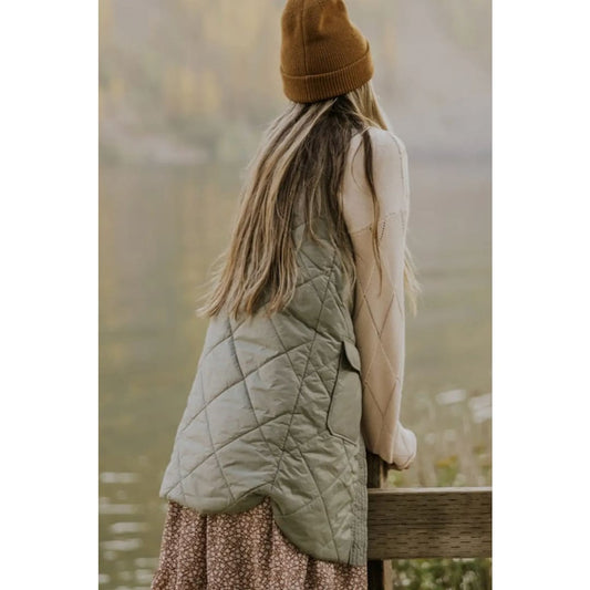 Grass Green Quilted Long Vest Jacket with Pockets | Fashionfitz