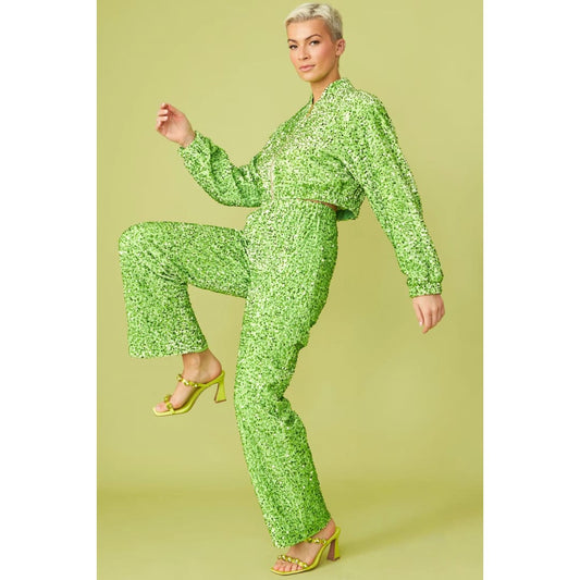 Green Bamboo Blend Sequin Trousers | Buy Me Fur Ltd