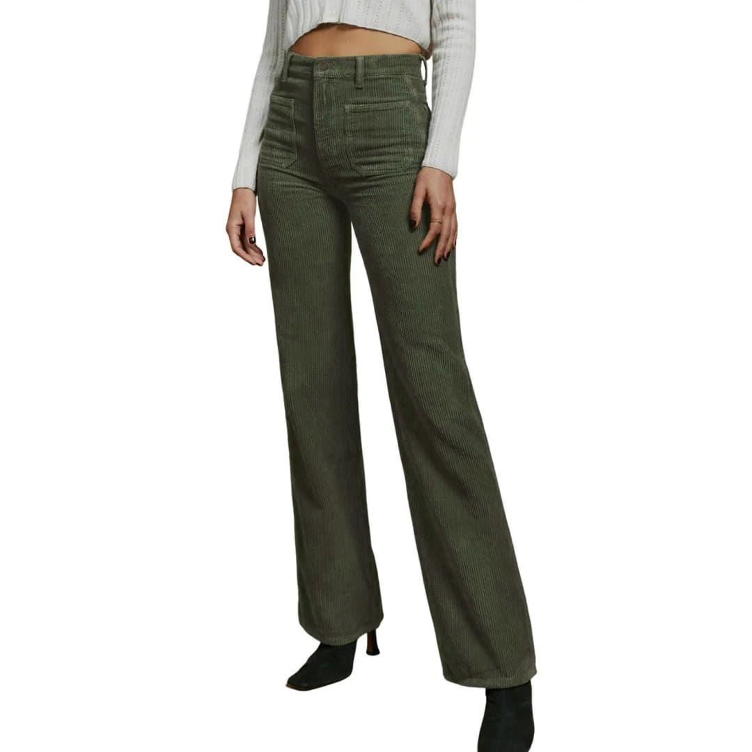 Green High Waist Square Pockets Corduroy Pants | Fashionfitz