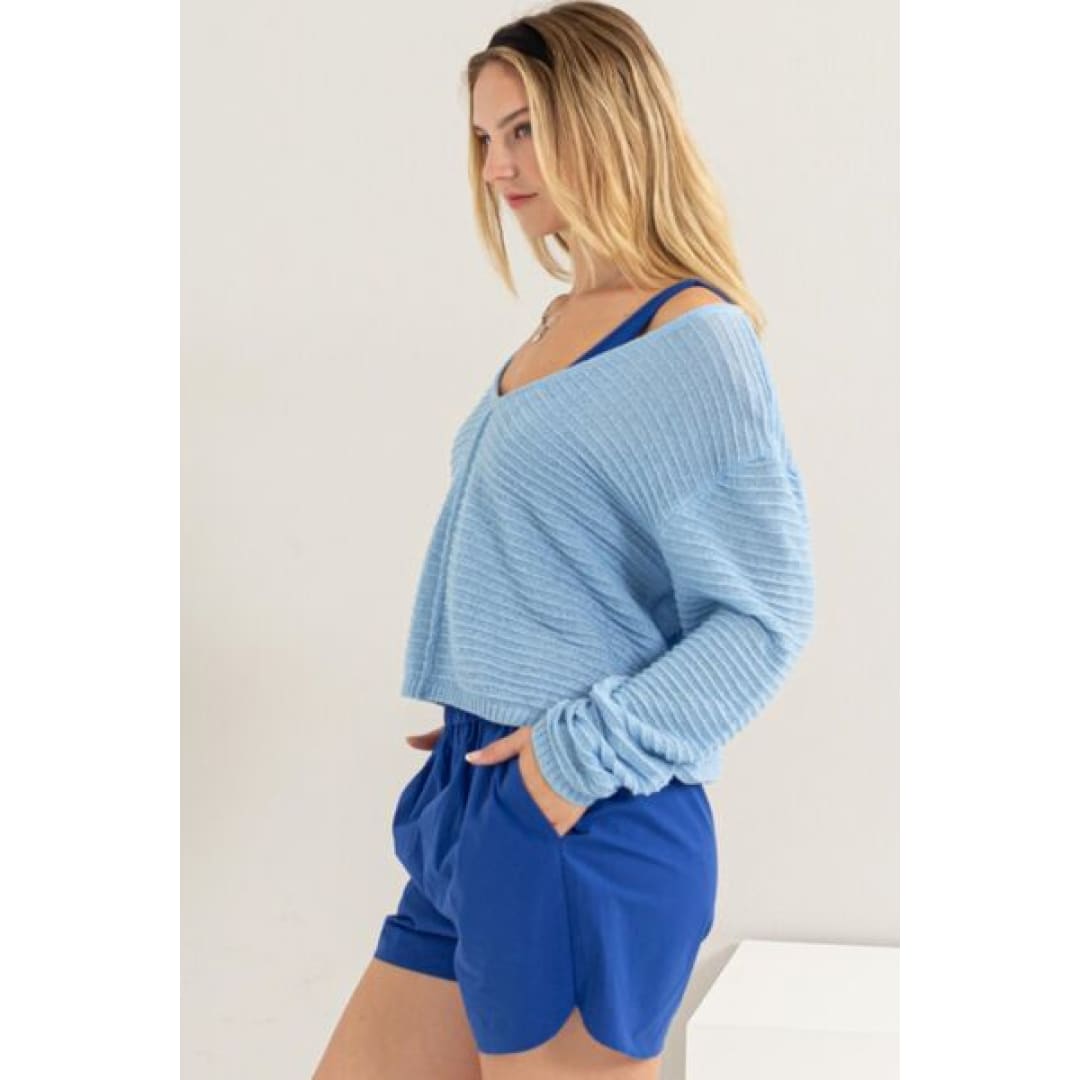 HYFVE V-Neck Stripe Texture Long Sleeve Top | The Urban Clothing Shop™