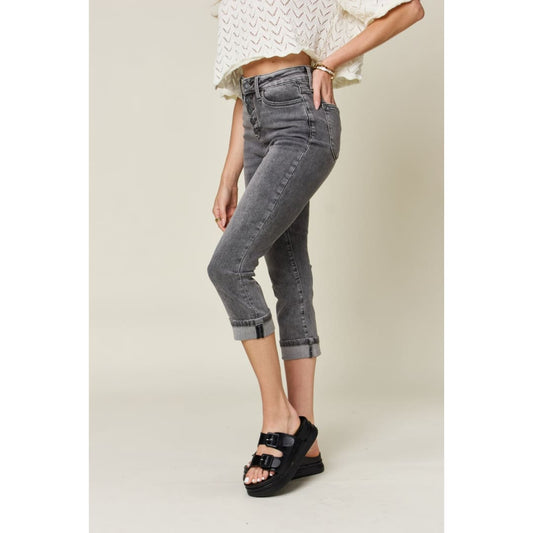 Judy Blue Full Size Button Fly High Waist Cuffed Capris | The Urban Clothing Shop™