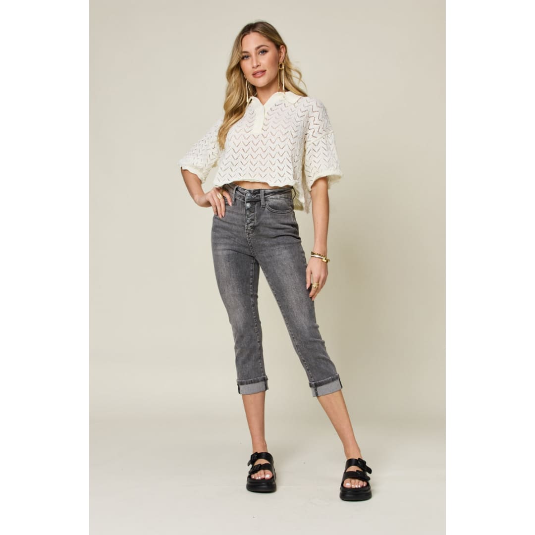 Judy Blue Full Size Button Fly High Waist Cuffed Capris | The Urban Clothing Shop™