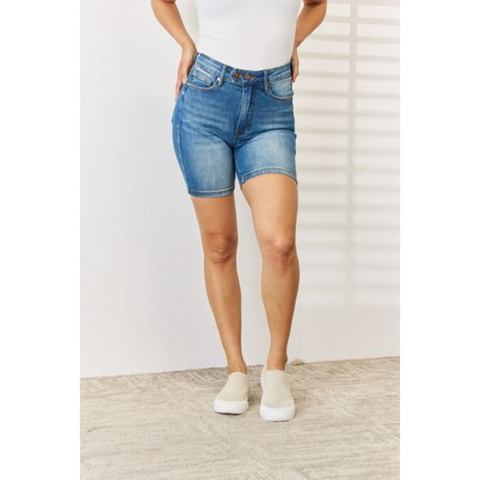Judy Blue Full Size Tummy Control Double Button Bermuda Denim Shorts | The Urban Clothing