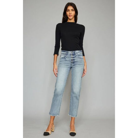Kancan High Waist Button Fly Raw Hem Cropped Straight Jeans | The Urban Clothing Shop™