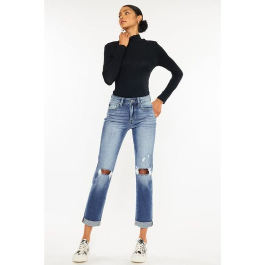 Kancan High Waist Distressed Hem Detail Cropped Straight Jeans | The Urban Clothing Shop™