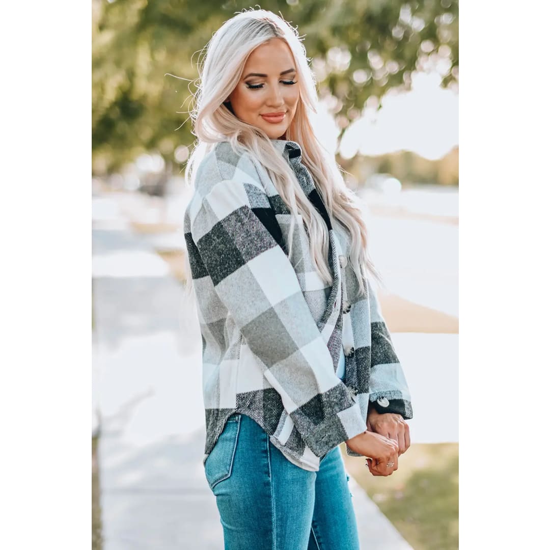 Khaki Plaid Color Block Buttoned Long Sleeve Jacket with Pocket | Fashionfitz