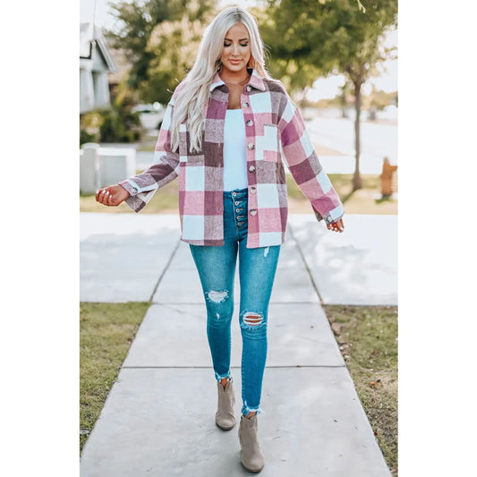 Khaki Plaid Color Block Buttoned Long Sleeve Jacket with Pocket | Fashionfitz