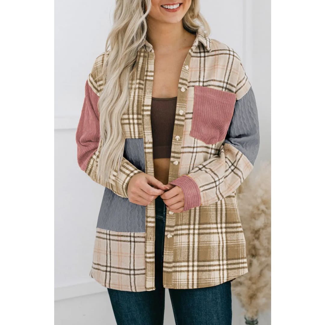Khaki Plaid Color Block Patchwork Shirt Jacket with Pocket | Fashionfitz