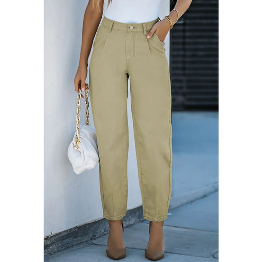 Khaki Solid High Waist Casual Pants | Fashionfitz
