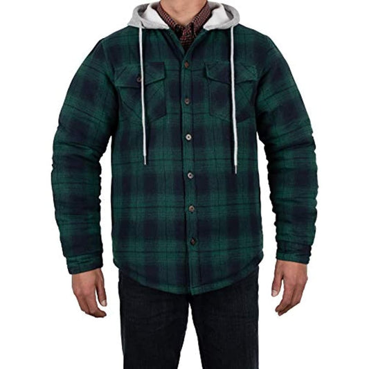 Men’s Quilted Lined Button Down Plaid Flannel Shirt Jacket with Hood | FlannelGo