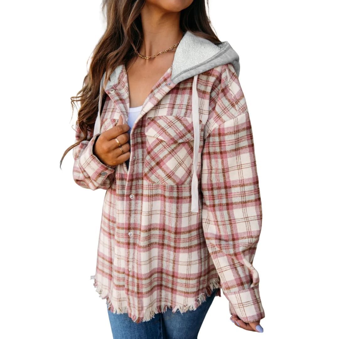 Multicolour Plaid Flap Pocket Hooded Raw Hem Jacket | Fashionfitz