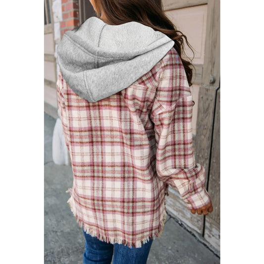 Multicolour Plaid Flap Pocket Hooded Raw Hem Jacket | Fashionfitz