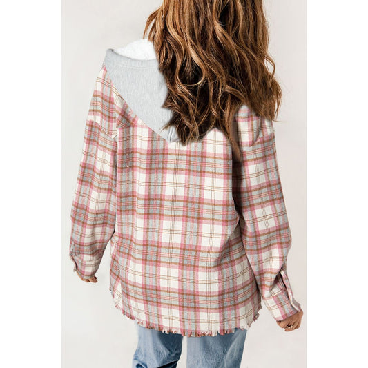 Multicolour Plaid Flap Pocket Hooded Raw Hem Jacket | DropshipClothes