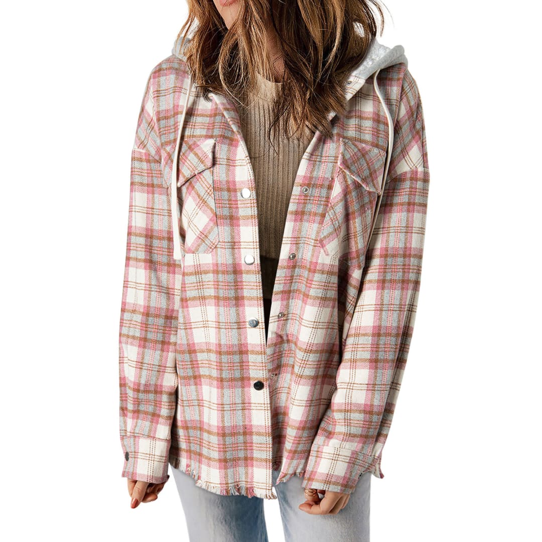 Multicolour Plaid Flap Pocket Hooded Raw Hem Jacket | DropshipClothes