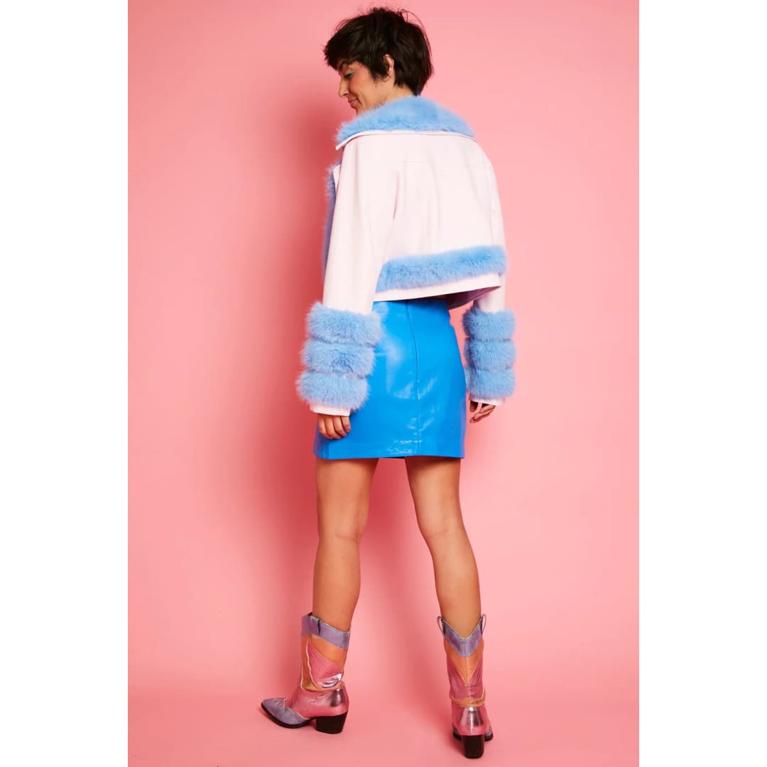 Pink Blue Faux Leather Faux Fur Biker Jacket | Buy Me Fur Ltd