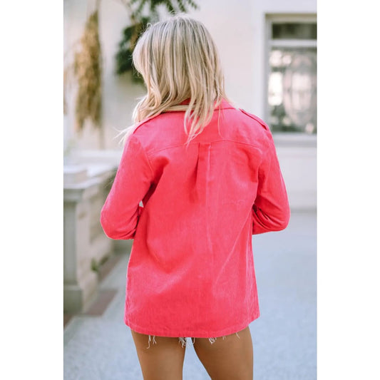 Pink Buttoned Flap Pocket Corduroy Jacket | Fashionfitz