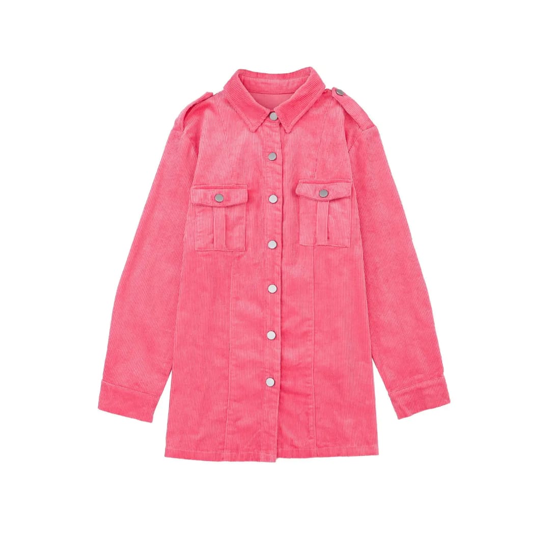 Pink Buttoned Flap Pocket Corduroy Jacket | Fashionfitz