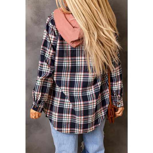 Pink Contrast Hooded Drawstring Plaid Shacket | Fashionfitz