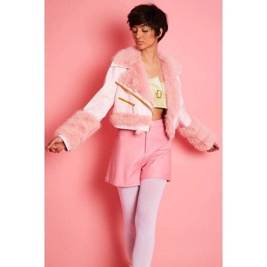 Pink Faux Leather Faux Fur Biker Jacket | Buy Me Fur Ltd