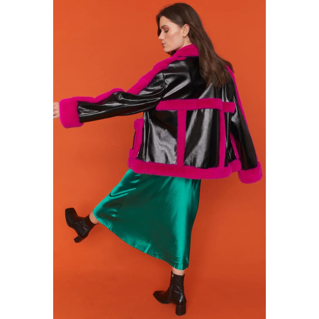 Pink Faux Leather with Faux Fur Trim Aviator Jacket | Buy Me Fur Ltd