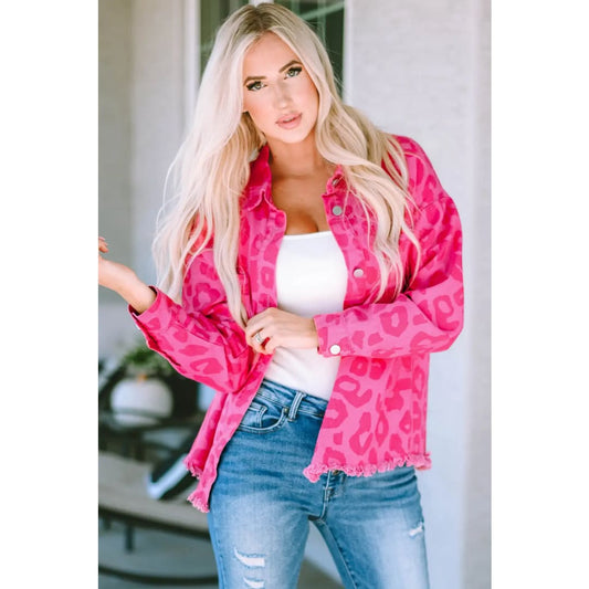 Pink Leopard Print Button Cuffs Raw Hem Jacket | Fashionfitz