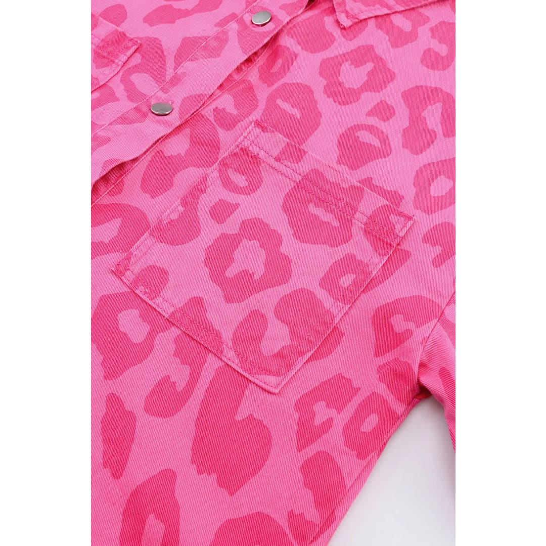 Pink Leopard Print Button Cuffs Raw Hem Jacket | Fashionfitz