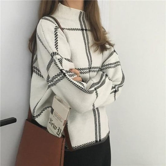 Plaid Turtleneck Loose Knit Sweater | The Urban Clothing Shop™