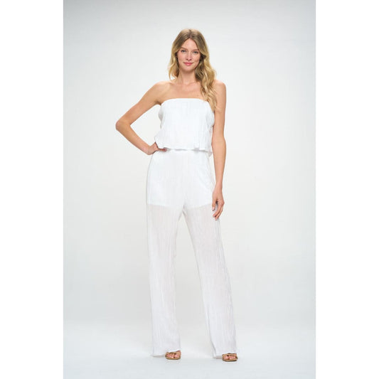 Plisse Solid Strapless Straight Leg Jumpsuit | The Urban Clothing Shop™
