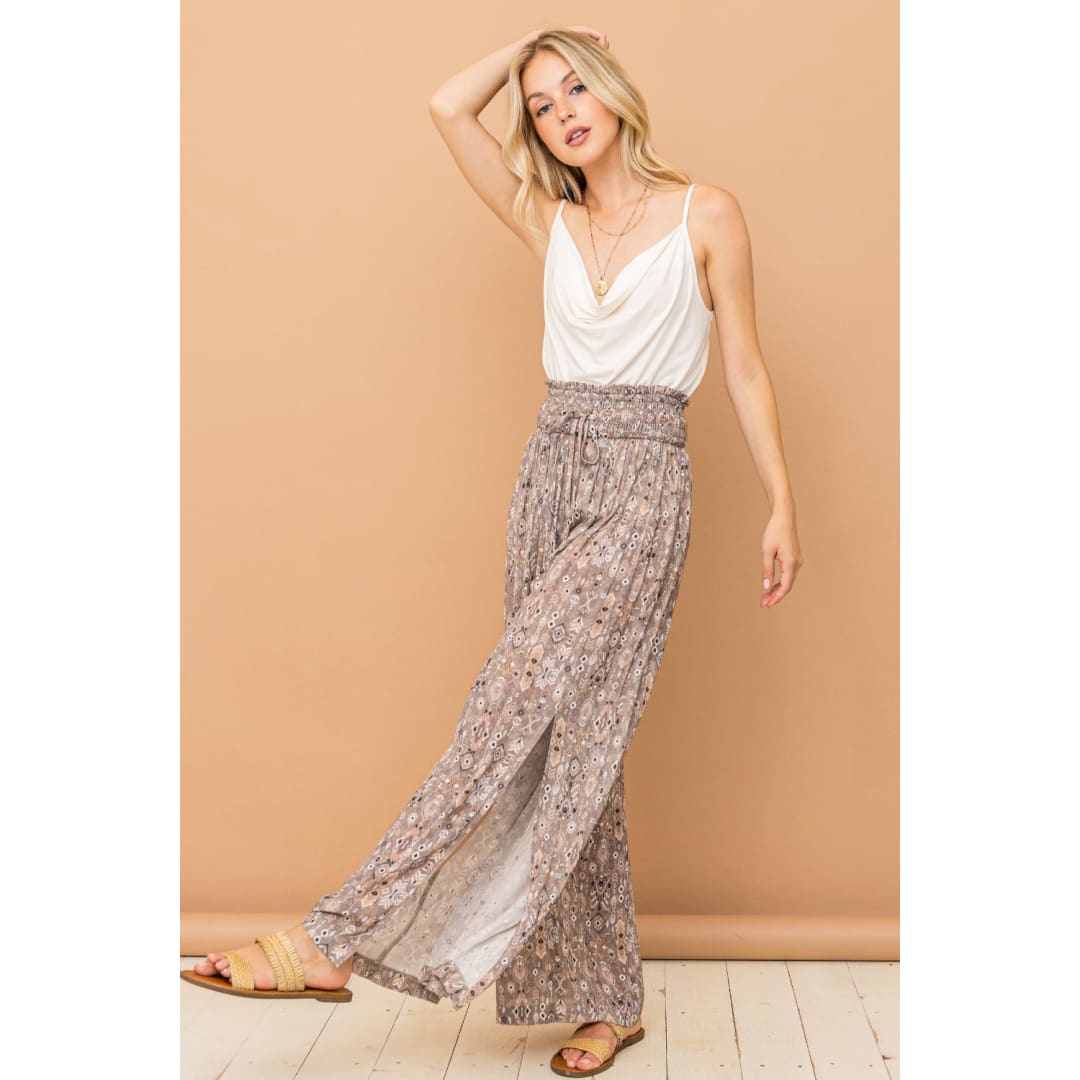 And The Why Printed Smocked Waist Slit Wide Leg Pants | The Urban Clothing Shop™