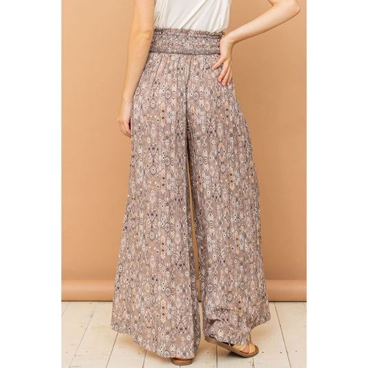 And The Why Printed Smocked Waist Slit Wide Leg Pants | The Urban Clothing Shop™