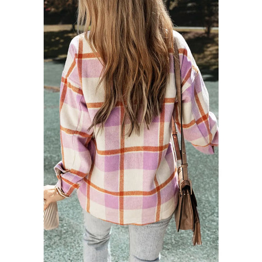 Purple Corduroy Pockets Brushed Checkered Shacket | Fashionfitz