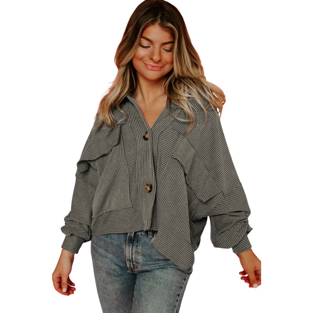 Real Teal Boxy Fit Flap Pockets Pinstriped Shacket | DropshipClothes