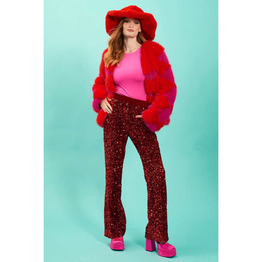 Red Sequin Flared Trousers | Buy Me Fur Ltd