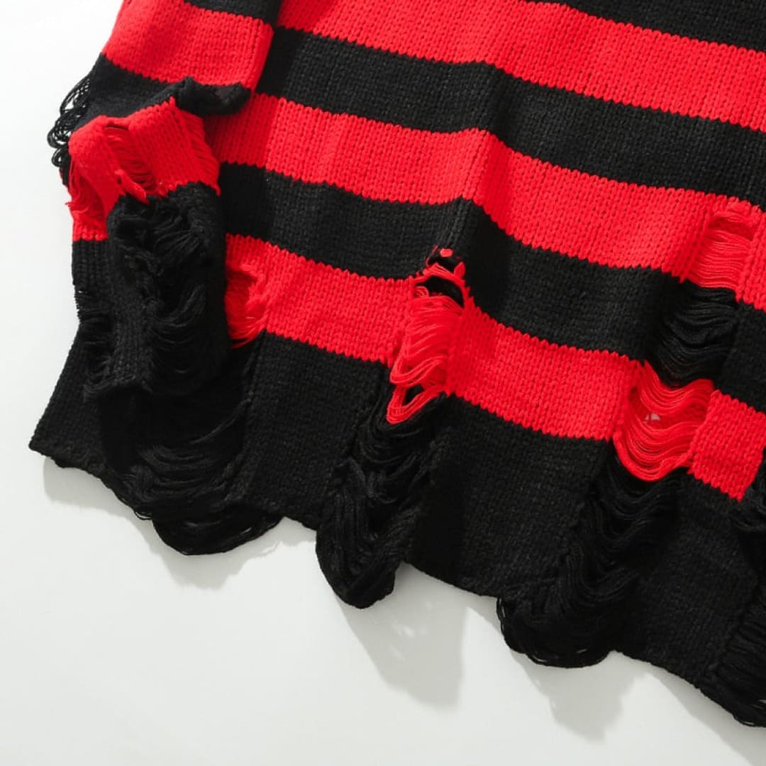 RhythmStreet: Black Red Striped Destroyed Y2K Sweater | The Urban Clothing Shop™