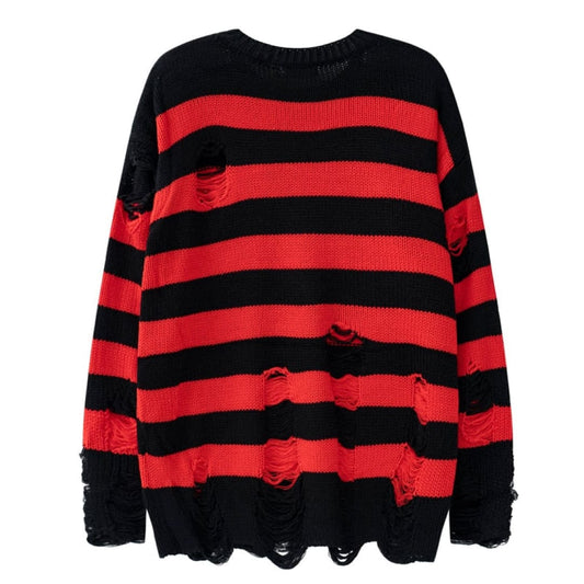 RhythmStreet: Black Red Striped Destroyed Y2K Sweater | The Urban Clothing Shop™