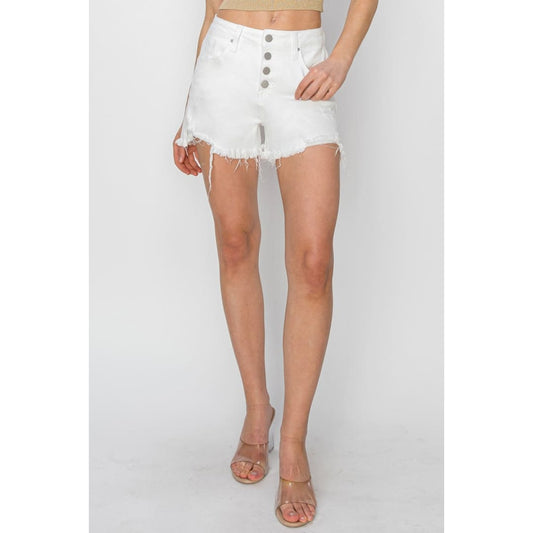 RISEN Button Fly Frayed Hem Denim Shorts | The Urban Clothing Shop™