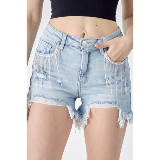 RISEN Frayed Hem Denim Shorts with Fringe Detail Pockets | The Urban Clothing Shop™