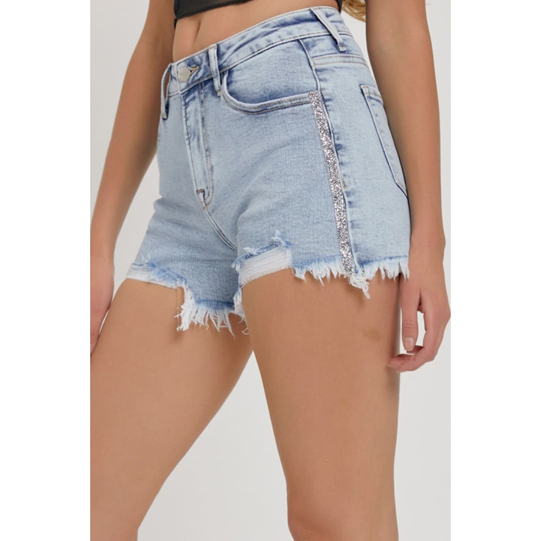 RISEN Full Size High Rise Rhinestone Strap Embellished Denim Shorts | The Urban Clothing