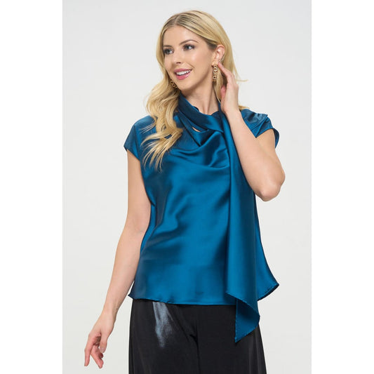 Satin Cowl Neck Short Sleeve Top with Scarf Detail | The Urban Clothing Shop™