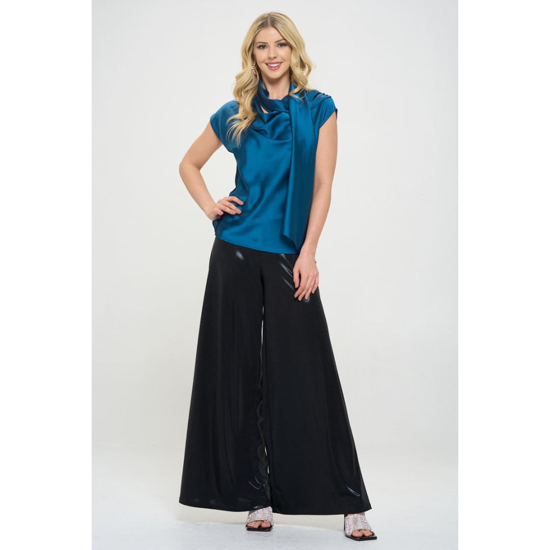 Satin Cowl Neck Short Sleeve Top with Scarf Detail | The Urban Clothing Shop™