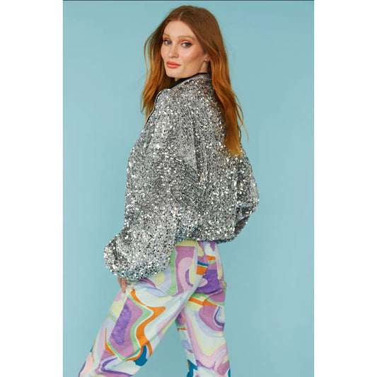 Silver Sequin Cropped Biker Jacket | Buy Me Fur Ltd