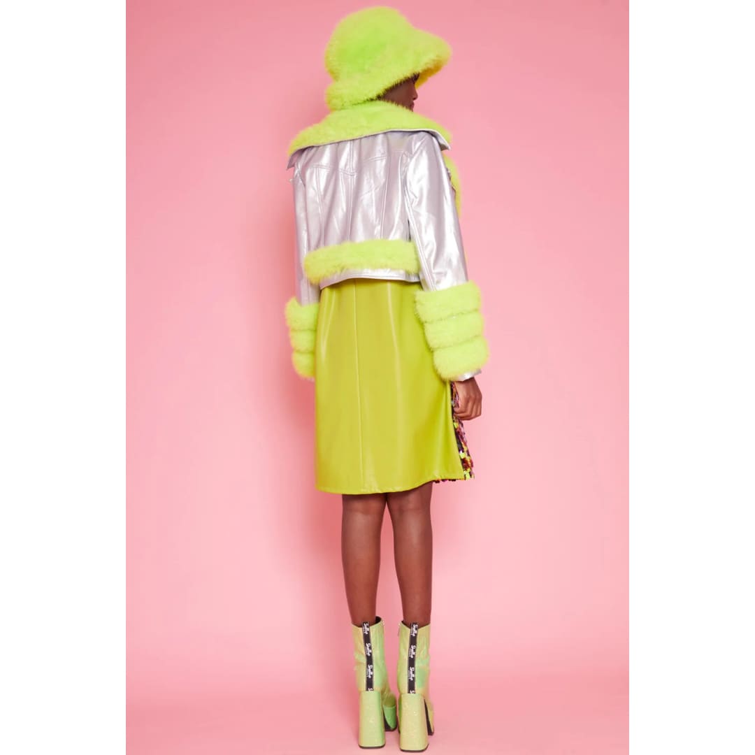 Silver Yellow Faux Leather Faux Fur Biker Jacket | Buy Me Fur Ltd