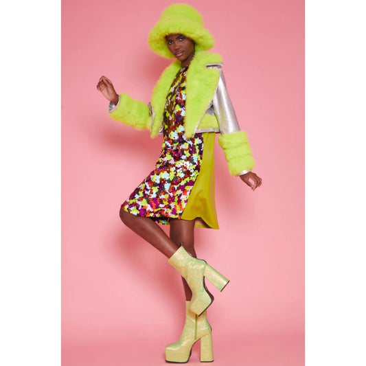 Silver Yellow Faux Leather Faux Fur Biker Jacket | Buy Me Fur Ltd