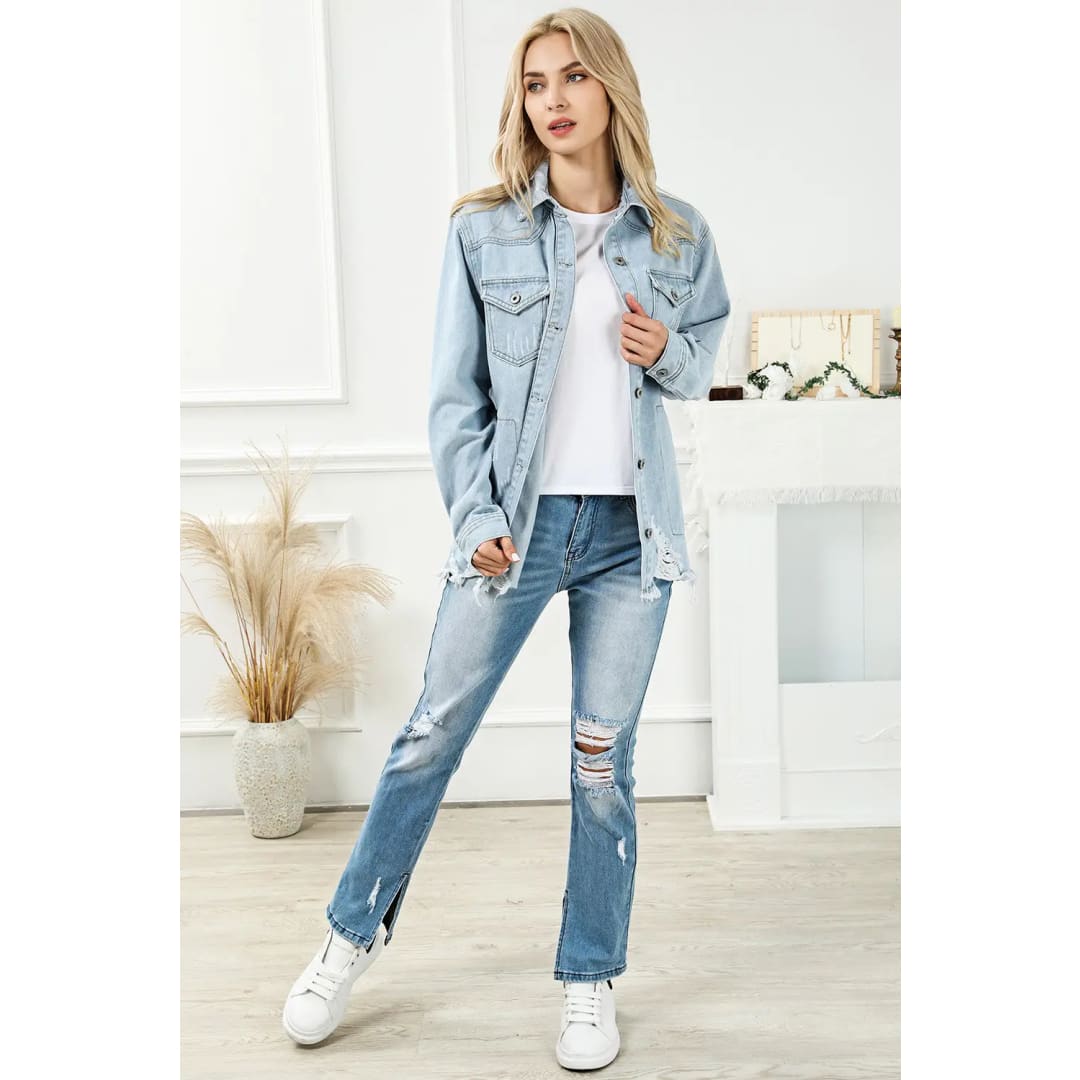 Sky Blue Flap Pocket Buttoned Raw Hem Denim Jacket | Fashionfitz