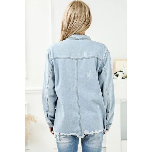 Sky Blue Flap Pocket Buttoned Raw Hem Denim Jacket | Fashionfitz