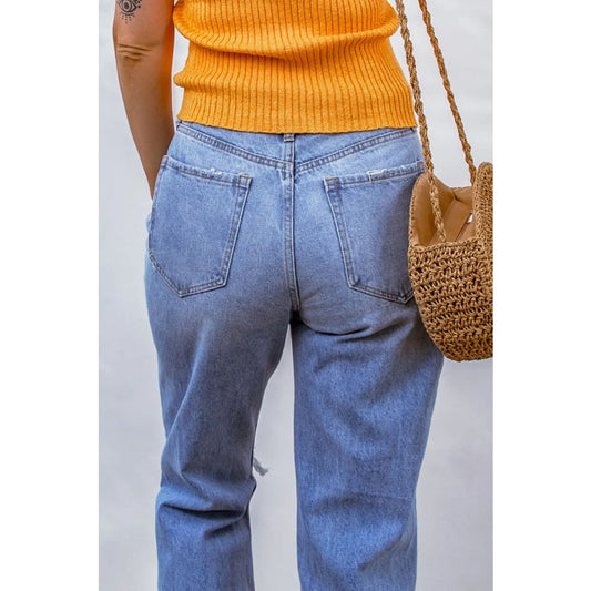 Sky Blue Heavy Destroyed Big Hole Boyfriend Jeans | Fashionfitz