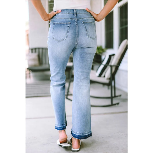 Sky Blue High Waist Buttoned Distressed Flared Jeans | Fashionfitz