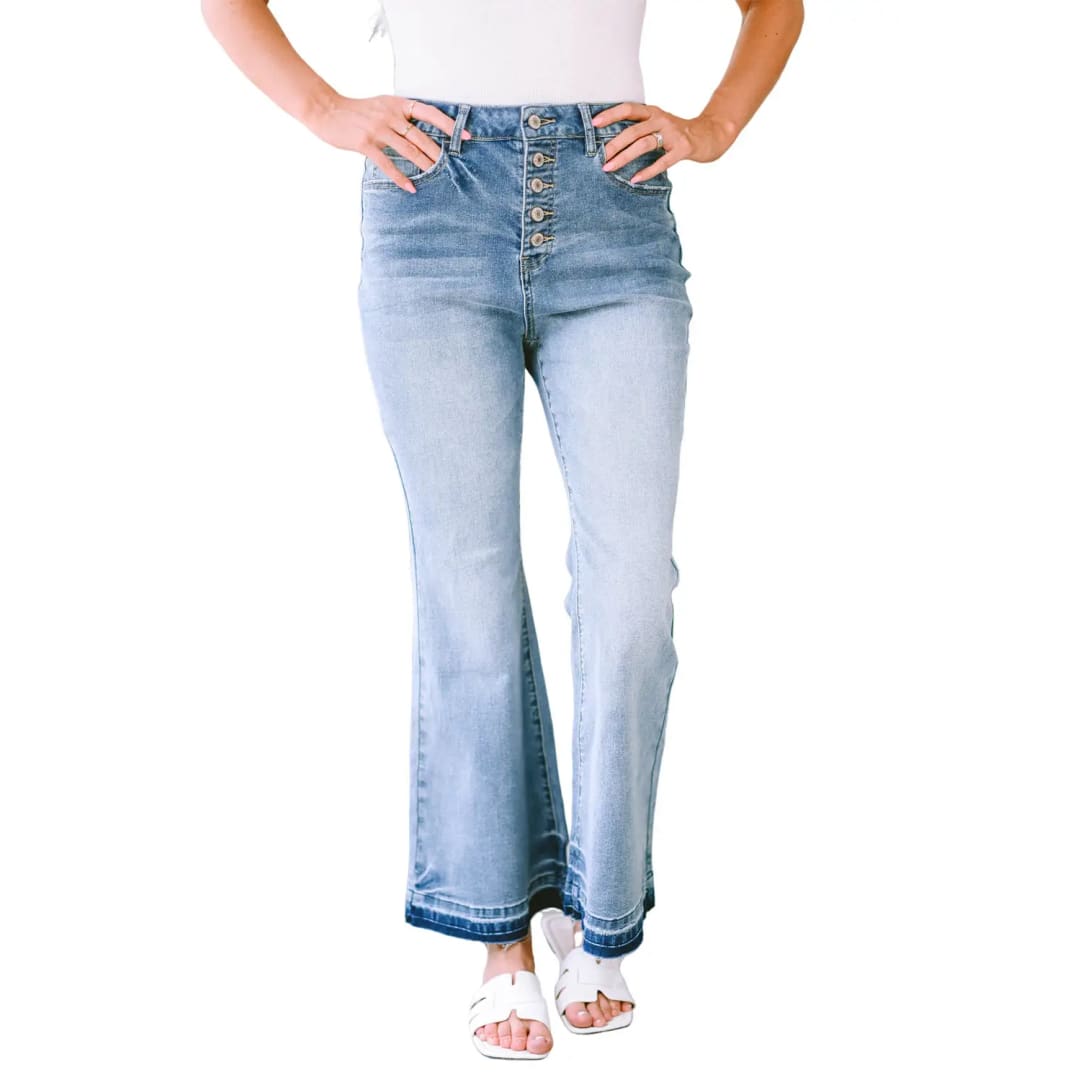 Sky Blue High Waist Buttoned Distressed Flared Jeans | Fashionfitz