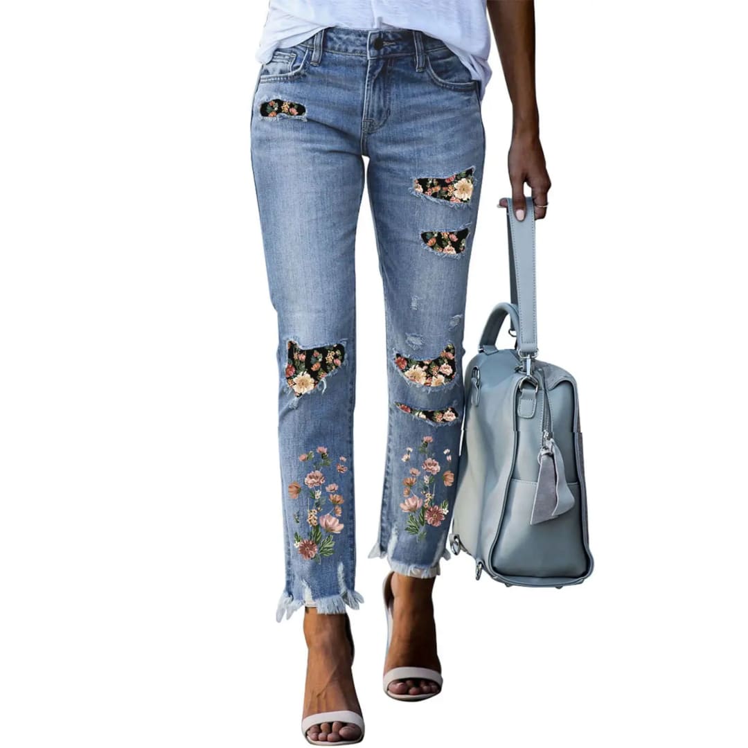 Sky Blue Printed Patch Ripped Skinny Jeans | Fashionfitz